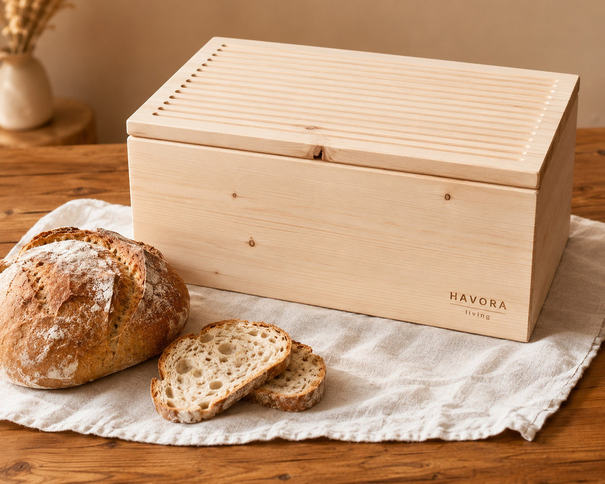 Zirben-Brotkasten von HAVORA Living auf einem Holztisch, daneben ein Sauerteigbrot und aufgeschnittene Scheiben